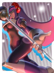 Rule 34 | 1girl, android, blunt bangs, breasts, capcom, commentary request, dark-skinned female, dark skin, from below, green eyes, hair over eyes, headgear, headset, hime cut, holding, holding weapon, large breasts, layer (mega man), long hair, mega man (series), mega man x (series), mole, mole under eye, napo, purple hair, rapier, robot ears, smile, solo, striped, striped background, sword, underboob, weapon