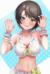 Rule 34 | 1girl, absurdres, bangle, bikini, blue eyes, blush, bracelet, breasts, brown hair, claw pose, cleavage, collarbone, embarrassed, frills, highres, hololive, jewelry, large breasts, midriff, navel, oozora subaru, open mouth, short hair, solo, suicabar72, swimsuit, virtual youtuber