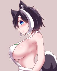 Rule 34 | 1girl, animal ears, apron, bare shoulders, black hair, blue eyes, blush, breasts, dog ears, dog girl, dog tail, eyebrows, fang, kiyomi-chan (sivamaron), large breasts, looking at viewer, multicolored hair, naked apron, no bra, original, parted lips, purple background, short hair, sideboob, simple background, sivamaron, solo, tail, thick eyebrows, upper body, white hair