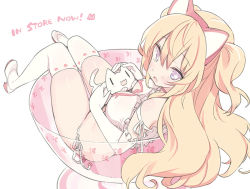 Rule 34 | 1girl, animal ears, bare shoulders, blade (galaxist), blonde hair, blush, bra, breasts, cat, cat ears, cat lingerie, chiyuru (skytube), copyright request, cup, english text, fake animal ears, frills, from above, full body, hair between eyes, hairband, in container, in cup, long hair, looking at viewer, looking back, lying, meme attire, open mouth, panties, paw print, paw print pattern, purple eyes, side-tie panties, simple background, solo, star-shaped pupils, star (symbol), symbol-shaped pupils, thighhighs, two side up, underwear, underwear only, white background, white panties, white thighhighs