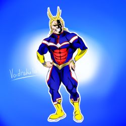 Rule 34 | 1boy, abs, absurdres, all might, antenna hair, blonde hair, blue background, bodysuit, boku no hero academia, border, covered eyes, gradient background, highres, looking at viewer, male focus, muscular, pectorals, self-upload, shaded face, skin tight, solo, superhero costume, thighs, voidrakula