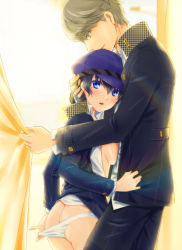 Rule 34 | 1boy, 1girl, ass, asuma shin, blue eyes, blue hair, blush, breasts, cabbie hat, couple, curtain grab, curtains, earrings, grey eyes, grey hair, hand on another&#039;s head, hat, height difference, hetero, houndstooth, hug, jacket, jewelry, looking at viewer, narukami yuu, no pants, open clothes, open jacket, open shirt, panties, panty pull, persona, persona 4, reverse trap, school uniform, shirogane naoto, shirt, short hair, sideboob, underwear