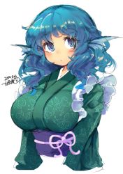 Rule 34 | 1girl, 2014, animal ears, blue eyes, blue hair, breasts, dated, fins, head fins, iroyopon, japanese clothes, kimono, large breasts, matching hair/eyes, md5 mismatch, mermaid, monster girl, obi, resized, resolution mismatch, sash, short hair, simple background, solo, source larger, touhou, wakasagihime, white background