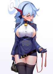 Rule 34 | 1girl, ako (blue archive), areola slip, bag, bell, black thighhighs, blue archive, blue eyes, blue hair, blue jacket, blue skirt, blush, breasts, buttons, chain, collarbone, cowboy shot, crying, crying with eyes open, cuffs, double-breasted, drooling, ear blush, framed breasts, garter straps, gloves, hairband, half gloves, halo, heart, heart-shaped pupils, highres, holding, holding bag, jacket, lactation, large breasts, leash, long hair, long sleeves, looking at viewer, looking away, miniskirt, neck bell, open mouth, pencil skirt, pussy juice, saliva, shirt, skirt, solo, suitshark, symbol-shaped pupils, tearing up, tears, thighhighs, tongue, tongue out, wet, wet clothes, white shirt