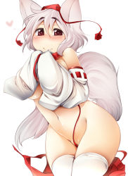 Rule 34 | 1girl, aki (akikaze asparagus), animal ears, blush, breasts, collar, detached sleeves, hat, heart, heart-shaped pupils, inubashiri momiji, large breasts, leash, looking at viewer, nude, red eyes, short hair, silver hair, simple background, smile, solo, symbol-shaped pupils, tail, thighhighs, tokin hat, touhou, white background, white thighhighs, wolf ears, wolf tail