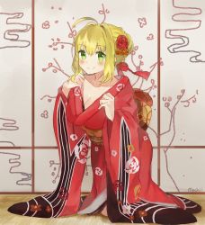 Rule 34 | 10s, 1girl, ahoge, blonde hair, blush, breasts, cleavage, commentary, english commentary, fate/extra, fate/grand order, fate (series), floral print, flower, green eyes, hair flower, hair intakes, hair ornament, hair ribbon, indoors, japanese clothes, kimono, kneeling, large breasts, long sleeves, looking at viewer, mochii, nero claudius (fate), nero claudius (fate) (all), nero claudius (fate/extra), obi, official alternate costume, red flower, red kimono, red ribbon, red rose, ribbon, rose, sash, smile, solo, wide sleeves