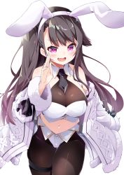Rule 34 | 1girl, absurdres, adapted costume, animal ears, azur lane, bandeau, bare shoulders, black hair, blue nails, blush, breasts, cleavage, collar, commentary request, detached collar, eyebrows, fake animal ears, fang, fur-trimmed jacket, fur-trimmed sleeves, fur trim, hand on own cheek, hand on own face, head tilt, highres, jacket, large breasts, leer.meer, leotard, long hair, long sleeves, looking at viewer, manjuu (azur lane), nail polish, navel, necktie, off shoulder, open mouth, pamiat merkuria (azur lane), pantyhose, pink eyes, playboy bunny, sidelocks, skin fang, skindentation, smile, solo, standing, thigh strap, transparent background, very long hair, white bandeau, white jacket