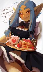Rule 34 | 1girl, absurdres, artist name, black bow, black bowtie, blue hair, bow, bowtie, colored skin, english text, female goblin, food, fruit, goblin, green skin, hair bow, highres, large ears, long hair, looking at viewer, maewix (artist), maid, original, pancake, pancake stack, panties, pantyshot, parted lips, plate, red eyes, red panties, rissma (maewix), sidelocks, simple background, smile, solo, strawberry, thick eyebrows, tray, underwear