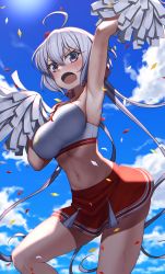 Rule 34 | 1girl, ahoge, arm up, armpits, blush, breasts, cheerleader, collarbone, commentary request, day, large breasts, long hair, looking at viewer, midriff, miniskirt, navel, open mouth, outdoors, pom pom (cheerleading), purple eyes, red skirt, senki zesshou symphogear, shiny skin, skirt, sky, solo, sweat, tsukamoto kensuke, twintails, white hair, yukine chris