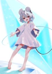 Rule 34 | 1girl, :d, animal ears, barefoot, blush stickers, grey hair, happy, highres, kakedashi, mouse ears, mouse tail, nazrin, open mouth, red eyes, shadow, short hair, smile, solo, tail, toes, touhou