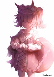 Rule 34 | 1girl, absurdres, animal ear fluff, animal ears, arknights, backlighting, blush, book, caisena, closed mouth, collarbone, collared shirt, cowboy shot, fox ears, fox girl, fox tail, frilled skirt, frills, hair ornament, heart, heart-shaped pupils, highres, holding, holding book, holding stuffed toy, looking away, midriff, navel, pink hair, pink skirt, red eyes, see-through, shamare (arknights), shirt, short hair, signature, skirt, smile, solo, standing, stuffed animal, stuffed toy, symbol-shaped pupils, tail, twintails, white background, white shirt