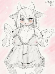 Rule 34 | 1girl, :3, animal ears, artist name, babydoll, bare shoulders, blush, bob cut, body fur, bottle, breasts, breasts apart, breath, cleft of venus, collarbone, cow ears, cow girl, cow horns, cowboy shot, dated, female focus, frilled babydoll, furry, furry female, greyscale with colored background, groin, hair between eyes, half-closed eyes, hands up, happy, heart, heart-shaped pupils, highres, holding, holding bottle, horns, kame (3t), large breasts, looking at viewer, milk, milk bottle, monochrome, navel, nipples, nose blush, open mouth, original, outline, pink background, plump, pussy, see-through, short hair, sidelocks, signature, sketch, smile, solo, spaghetti strap, standing, stomach, straight-on, sweat, symbol-shaped pupils, thick thighs, thighs, two-tone fur, uncensored, white outline, wide hips