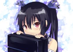Rule 34 | 10s, 1girl, bare shoulders, black hair, blush, game console, hair ornament, highres, long hair, neptune (series), noire (neptunia), normaland, peeking, peeking out, red eyes, ribbon, smile, solo, twintails