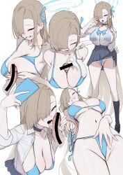 Rule 34 | 1girl, absurdres, asuna (blue archive), blue archive, blush, breasts, breasts squeezed together, cum, cum on body, cum on breasts, cum on upper body, facial, hair over one eye, halo, hetero, highres, large breasts, light brown hair, logknn, long hair, nipples, paizuri, penis, pleated skirt, pov, school uniform, see-through, see-through shirt, shirt, skirt, smile, solo focus, swimsuit