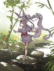Rule 34 | 1girl, :d, absurdly long hair, animal ear fluff, animal ears, barefoot, day, flower, fox ears, fox girl, fox tail, full body, grey hair, highres, japanese clothes, kimono, long hair, looking away, obi, open mouth, original, outdoors, outstretched arms, pink flower, ponytail, red flower, river, sash, short sleeves, smile, solo, standing, standing on one leg, tail, tree, very long hair, water, white kimono, wide sleeves, yellow flower, yuuji (yukimimi)