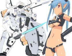 Rule 34 | 10s, 1girl, blue hair, breasts, busou shinki, elbow gloves, gloves, hand on own hip, large breasts, lowres, mecha, pointy ears, red eyes, robot, shimada fumikane, solo, strarf, underboob