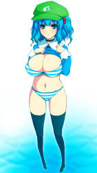 Rule 34 | 1girl, blue eyes, blue hair, bra, breasts, cleavage, clothes lift, female focus, hair bobbles, hair ornament, hat, kawashiro nitori, large breasts, lingerie, matching hair/eyes, no pants, panties, shirt lift, side ponytail, solo, striped bra, striped clothes, striped panties, thighhighs, touhou, two side up, underwear, wakame