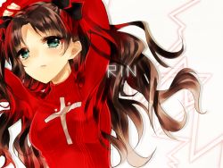 Rule 34 | 10s, 1girl, brown hair, cross, erurun39, fate/extra, fate/stay night, fate (series), green eyes, hair ribbon, long hair, multicolored hair, ribbon, solo, tohsaka rin, two-tone hair, two side up