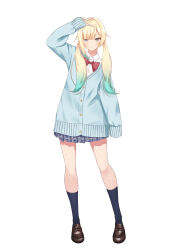 Rule 34 | 1girl, absurdres, aizawa ema, alternate costume, black socks, blonde hair, blue cardigan, blue eyes, blue hair, blunt bangs, bow, bowtie, brown footwear, cardigan, collared shirt, contrapposto, dress shirt, full body, gradient hair, grey skirt, highres, kneehighs, loafers, long hair, long sleeves, looking at viewer, miniskirt, multicolored hair, nouto, pleated skirt, red bow, red bowtie, school uniform, shirt, shoes, simple background, skirt, sleeves past wrists, smile, socks, solo, v, virtual youtuber, vspo!, white background, white shirt, wing collar