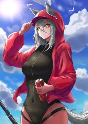 Rule 34 | 1girl, adjusting clothes, adjusting headwear, animal ears, arknights, black one-piece swimsuit, breasts, brown eyes, can, cho oji, closed mouth, covered navel, cowboy shot, day, drink can, fishing rod, grey hair, highres, holding, holding can, hood, hood up, hooded jacket, jacket, long sleeves, looking away, medium breasts, official alternate costume, one-piece swimsuit, open clothes, open jacket, outdoors, projekt red (arknights), projekt red (light breeze) (arknights), red jacket, short hair, sideways glance, soda can, solo, standing, sun, swimsuit, tail, thigh strap, thighs, wolf ears, wolf tail