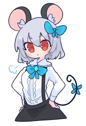 Rule 34 | 1girl, animal ears, black skirt, blue bow, blue bowtie, bow, bowtie, center frills, collared shirt, frills, grey hair, highres, long sleeves, mouse ears, mouse girl, mouse tail, nazrin, op na yarou, red eyes, shirt, short hair, simple background, skirt, solo, suspender skirt, suspenders, tail, touhou, v-shaped eyebrows, white background, white shirt