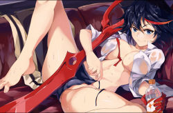 Rule 34 | 10s, 1girl, bad deviantart id, bad id, barefoot, black hair, black panties, blue eyes, bottle, breasts, chinanime, couch, covered erect nipples, gloves, kill la kill, large breasts, looking at viewer, matoi ryuuko, multicolored hair, naughty face, no bra, no pants, open clothes, open shirt, panties, scissor blade (kill la kill), see-through, shirt, short hair, side-tie panties, single glove, smile, solo, spread legs, streaked hair, underwear, untied panties, water bottle, weapon, wet, wet clothes