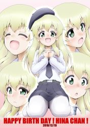 Rule 34 | 1girl, :d, :o, anzio school uniform, bad id, bad twitter id, belt, beret, black belt, black headwear, black neckwear, black skirt, blonde hair, carpaccio (girls und panzer), character name, closed eyes, closed mouth, commentary request, dated, daxz240r, dress shirt, emblem, english text, expressions, frown, girls und panzer, green eyes, happy birthday, hat, highres, interlocked fingers, long hair, long sleeves, looking at viewer, miniskirt, multiple views, necktie, no shoes, open mouth, own hands together, pantyhose, pleated skirt, school uniform, shirt, sitting, skirt, smile, wariza, white pantyhose, white shirt