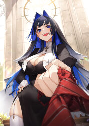 Rule 34 | 1girl, adarin, black dress, blue eyes, blue hair, blush, breast curtains, breasts, church, cleavage, cross, cross necklace, dress, garter straps, habit, hand on own hip, highres, hololive, hololive english, jewelry, juliet sleeves, large breasts, long hair, long sleeves, looking at viewer, multicolored hair, necklace, nun, official alternate hair length, official alternate hairstyle, open mouth, ouro kronii, puffy sleeves, smile, solo, virtual youtuber