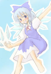 Rule 34 | 1girl, :d, blue background, blue dress, blue eyes, blue hair, bow, bowtie, cirno, dress, embodiment of scarlet devil, female focus, flying, hair bow, ice, large bow, looking at viewer, lowres, matching hair/eyes, open mouth, outline, pale color, shirt, short hair, simple background, smile, solo, touhou