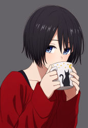 Rule 34 | 1girl, black hair, black hat, blue eyes, blush, coffee mug, collarbone, commentary request, crescent moon, cup, drinking, eyes visible through hair, grey background, hat, highres, long sleeves, looking at viewer, moon, mug, original, red sweater, short hair, simple background, solo, star (sky), sweater, upper body, yahiro (epicopeiidae)