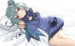 Rule 34 | 1girl, bare shoulders, bed sheet, black bow, blue dress, blush, bow, breasts, closed mouth, collar, detached sleeves, dress, dress bow, frilled collar, frills, hair bow, hair bun, hair ornament, highres, hololive, huyunora, long sleeves, looking at viewer, lying, medium hair, on side, sidelocks, skull hair ornament, small breasts, smile, solo, thighs, uruha rushia, uruha rushia (1st costume), virtual youtuber, white background, wide sleeves