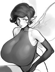 Rule 34 | 1girl, alternate breast size, artist request, bare shoulders, breasts, collarbone, elbow gloves, fairy wings, gloves, greyscale, huge breasts, leotard, lipstick, makeup, monochrome, pixie (megami tensei), pointy ears, pout, shin megami tensei, short hair, solo, source request, white background, wings