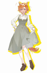 Rule 34 | 1girl, :d, absurdres, animal ears, dress, frilled sleeves, frills, full body, gaii, grey dress, hair between eyes, hand on own hip, highres, horse ears, horse girl, horse tail, open mouth, orange hair, pinafore dress, puffy sleeves, purple eyes, shirt, shoes, short hair, skirt hold, sleeveless, sleeveless dress, smile, solo, standing, t.m. opera o (umamusume), tail, umamusume, v-shaped eyebrows, white background, white shirt