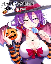 Rule 34 | 1girl, ;p, bare shoulders, bat wings, breasts, candy, cleavage, earrings, food, hair between eyes, halloween, hat, jack-o&#039;-lantern, jewelry, kachirou, large breasts, looking at viewer, mole, mole under eye, one eye closed, original, pumpkin, purple eyes, purple hair, short hair, solo, star (symbol), star earrings, striped, tongue, tongue out, trick or treat, white background, wings, witch hat