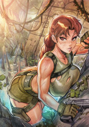 Rule 34 | 1girl, braid, breasts, brown eyes, brown hair, curvy, dirty, gloves, gradient background, gun, lara croft, large breasts, lips, looking at viewer, ponytail, reiq, shiny skin, short shorts, shorts, solo, spikes, tomb raider, tree, water, weapon, wet
