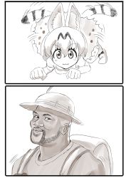 Rule 34 | 10s, 2koma, animal ears, backpack, bag, bucket hat, comic, cosplay, facial hair, greyscale, hat, kaban (kemono friends), kaban (kemono friends) (cosplay), kemono friends, kin-san (sasuraiga), meme, monochrome, parody, real life, serval (kemono friends), serval print, serval tail, shaquille o&#039;neal, smile, tail, tail wagging