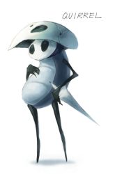 Rule 34 | 1other, character name, cracked mask, hollow eyes, hollow knight, lance, mask, no humans, okame nin, polearm, quirrel, simple background, solo, standing, weapon, white background