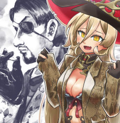 Rule 34 | 1boy, 1girl, absurdres, beard, blonde hair, breasts, brown coat, chamaji, cigarette, cleavage, coat, eyepatch, facial hair, fang, gloves, hat, highres, large breasts, majima goro, nijisanji, nui sociere, nui sociere (1st costume), open mouth, outline, partially colored, partially fingerless gloves, ryuu ga gotoku (series), skin fang, sleeves past wrists, slit pupils, smile, virtual youtuber, witch hat, yellow eyes