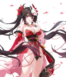 Rule 34 | 1girl, absurdres, bare shoulders, bell, black choker, black hair, black sash, breasts, choker, commentary request, cowboy shot, detached sleeves, dress, fox mask, freeeeeeeeeee, hand up, head tilt, highres, honkai: star rail, honkai (series), jingle bell, large breasts, looking at viewer, mask, mask on head, nail polish, neck bell, obi, parted lips, pink eyes, red dress, red nails, sash, short sleeves, simple background, smile, solo, sparkle (honkai: star rail), standing, strapless, strapless dress, thighs, twintails, white background