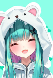 Rule 34 | 1girl, :d, absurdres, animal hood, bear hood, blush, closed eyes, colored inner hair, commentary request, earrings, facing viewer, fang, green background, green hair, hair ornament, heart, heart earrings, highres, hololive, hood, hood up, hooded jacket, jacket, jewelry, kimae, long hair, multicolored hair, open mouth, pink hair, simple background, skin fang, smile, solo, uruha rushia, uruha rushia (school uniform), virtual youtuber, white jacket