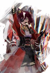 Rule 34 | 1girl, arm up, az (azkin g), black shorts, breasts, capelet, corset, cowboy shot, eyepatch, hand up, highres, holding, holding microphone, jacket, long sleeves, looking at viewer, microphone, multicolored hair, notes of grandeur (umamusume), open mouth, red jacket, red skirt, shirt, short hair, shorts, showgirl skirt, skirt, small breasts, smile, solo, standing, streaked hair, tanino gimlet (umamusume), umamusume, white shirt, yellow eyes