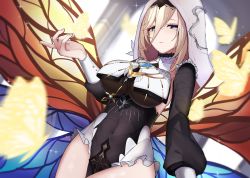 Rule 34 | 1girl, absurdres, aponia (honkai impact), backless dress, backless outfit, black dress, blonde hair, blue eyes, breasts, bug, butterfly, butterfly wings, closed mouth, covered navel, dress, dutch angle, hair between eyes, half-closed eyes, halter dress, halterneck, highres, honkai (series), honkai impact 3rd, indoors, insect, insect wings, large breasts, long bangs, long hair, long sleeves, looking at viewer, mole, mole under eye, nun, pelvic curtain, solo, user hxmh3337, veil, wings