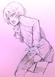 Rule 34 | 1boy, alois trancy, back, boots, child, eyelashes, from behind, gradient background, kuroshitsuji, lineart, looking at viewer, male focus, monochrome, official art, pink background, pink theme, pulling, ribbon, shorts, simple background, sketch, solo, teeth, thighhighs, toboso yana, tongue, tongue out, undressing, zettai ryouiki