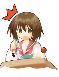 Rule 34 | 00s, brown hair, chopsticks, fang, food, highres, kusakabe misao, lucky star, meatball, nashigami tsubute, open mouth, short hair, surprised, tsubute