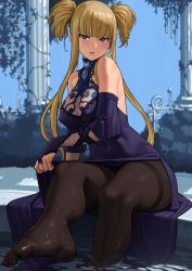 Rule 34 | 1girl, aoki hagane no arpeggio, bare shoulders, blonde hair, blunt bangs, blurry, blurry background, blush, breasts, bridal gauntlets, brown eyes, brown pantyhose, cleavage, cleavage cutout, clothing cutout, column, commentary, covered navel, depth of field, dress, empty eyes, facing viewer, feet, fingerless gloves, foreshortening, gloves, highres, kongou (aoki hagane no arpeggio), large breasts, lasterk, lavender lips, leg up, lipstick, long hair, looking at viewer, makeup, no bra, no shoes, outdoors, pantyhose, parted lips, pillar, purple dress, purple gloves, short hair with long locks, short twintails, side slit, sidelocks, sitting, soaking feet, solo, thighband pantyhose, toes, twintails, wet