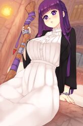 Rule 34 | 1girl, absurdres, black coat, blunt bangs, blush, breasts, coat, dress, fern (sousou no frieren), highres, holding, holding staff, indoors, large breasts, long hair, long sleeves, looking at viewer, open clothes, open coat, purple eyes, purple hair, rtil, solo, sousou no frieren, staff, straight hair, white dress