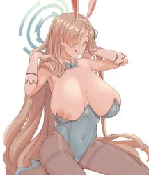 Rule 34 | 1girl, :d, animal ears, asuna (blue archive), black pantyhose, blue archive, blue footwear, blue leotard, breasts, gloves, hair lift, hair over one eye, halo, high heels, highres, huge breasts, large breasts, leotard, light brown hair, long hair, looking at viewer, nasakene, nipple slip, nipples, open mouth, pantyhose, playboy bunny, rabbit ears, simple background, sitting, smile, solo, white background, white gloves