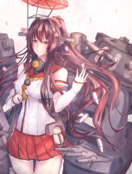 Rule 34 | 10s, 1girl, antiqq, bare shoulders, breasts, brown hair, cherry blossoms, detached sleeves, hair ornament, kantai collection, large breasts, long hair, miniskirt, oil-paper umbrella, petals, red eyes, red skirt, skirt, solo, turret, type 91 armor-piercing shell, umbrella, very long hair, yamato (kancolle), z flag