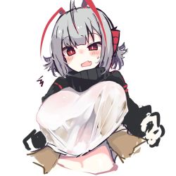 Rule 34 | 1girl, ^^^, antenna hair, arknights, black jacket, black scarf, blush, grabbing another&#039;s breast, breasts, commentary, cropped shirt, demon horns, fang, grabbing, groping, half-closed eye, hand under clothes, hand under shirt, highres, horns, jacket, large breasts, midriff, multicolored hair, navel, no bra, open clothes, open jacket, open mouth, pov, red eyes, red hair, scarf, see-through, shirt, short hair, silver hair, simple background, sketch, skin fang, solo focus, streaked hair, sukima (crie), surprised, sweatdrop, symbol-only commentary, two-tone hair, w (arknights), white background, white shirt
