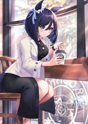 Rule 34 | 1girl, absurdres, animal ears, black hair, black shirt, black skirt, blue eyes, blue sky, bob cut, breasts, cafe, car, chair, city, closed mouth, cloud, cloudy sky, coffee cup, commentary, cup, disposable cup, eishin flash (umamusume), hair ornament, hamanashi (trapiorra), highres, holding, holding cup, horse ears, horse girl, horse tail, indoors, jacket, large breasts, motor vehicle, shirt, short hair, sitting, skirt, sky, smile, solo, symbol-only commentary, table, tail, tree, umamusume, watch, white jacket, window, wristwatch
